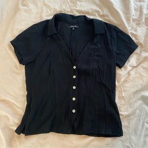 Madewell Textured Crinkled Black Short Sleeve Button Up Blouse Top